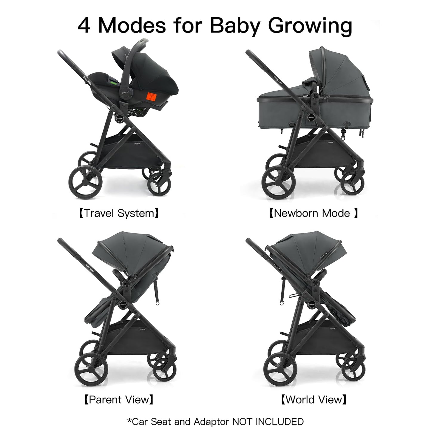 Gromast 3-in-1 Baby Stroller, Convertible Stroller for Newborn Infant Toddler with Reversible Seat, UPF 50+ Canopy & Cup Holder - Black