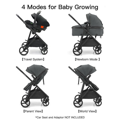 Gromast 3-in-1 Baby Stroller, Convertible Stroller for Newborn Infant Toddler with Reversible Seat, UPF 50+ Canopy & Cup Holder - Black