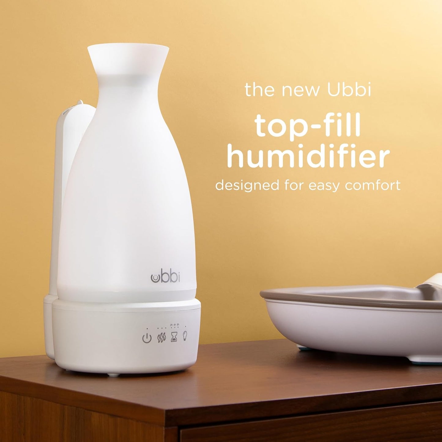 Ubbi Ultrasonic Humidifier, Easy Top-Fill Design, Adjustable Mist Control, Soft Night Light Glow and Quiet Operation for Nursery and Bedroom