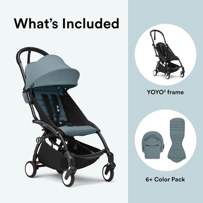 Stokke YOYO3 Stroller from 6 Months - Includes Black Frame, Seat Cushion & Canopy - Folds in & Out in a Flash - Light & Compact - Carry-On Compatible