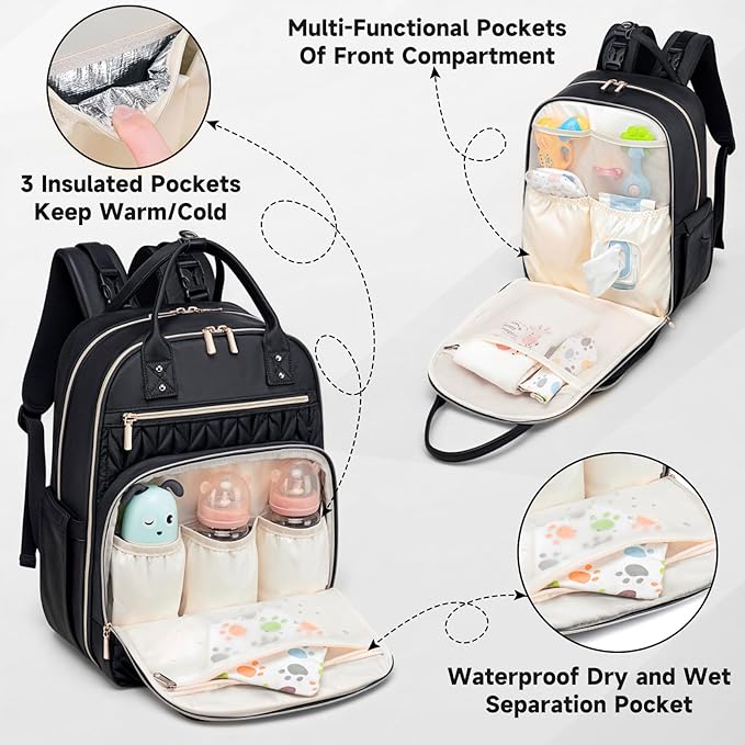 Tealari Diaper Bag Backpack,Stylish Baby Diaper Bag,Waterproof Travel Diaper Backpacks Baby Bags with Changing Pad,Stroller Straps,Insulated Pockets (Black)