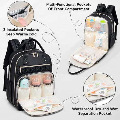 Tealari Diaper Bag Backpack,Stylish Baby Diaper Bag,Waterproof Travel Diaper Backpacks Baby Bags with Changing Pad,Stroller Straps,Insulated Pockets (Black)