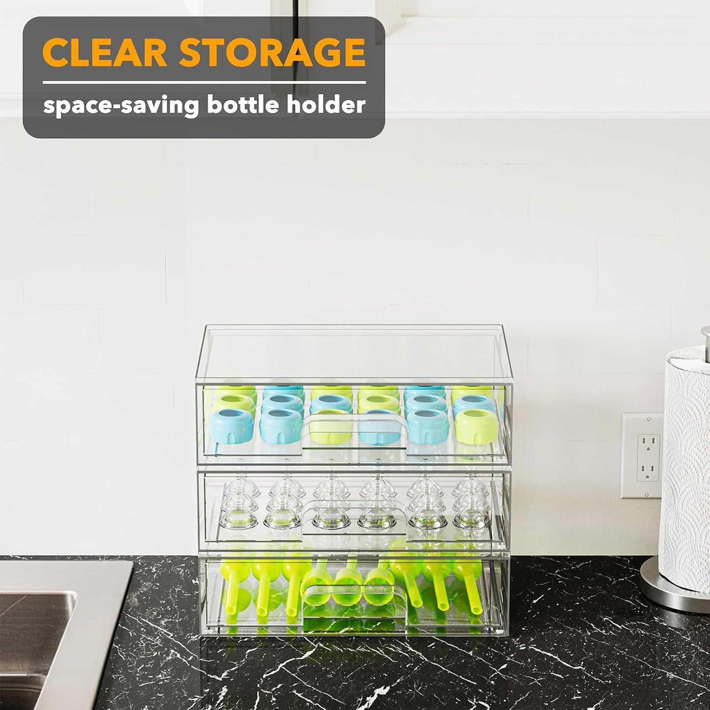 SpaceAid Bottle Storage Organizer Baby - Acrylic Bottles Station Organizer Container, Stackable Clear Drawers for Countertop, Vanity, Bathroom, Cabinet, Pantry Organization, 5 Pack, 2S2M1L, 15.4" H
