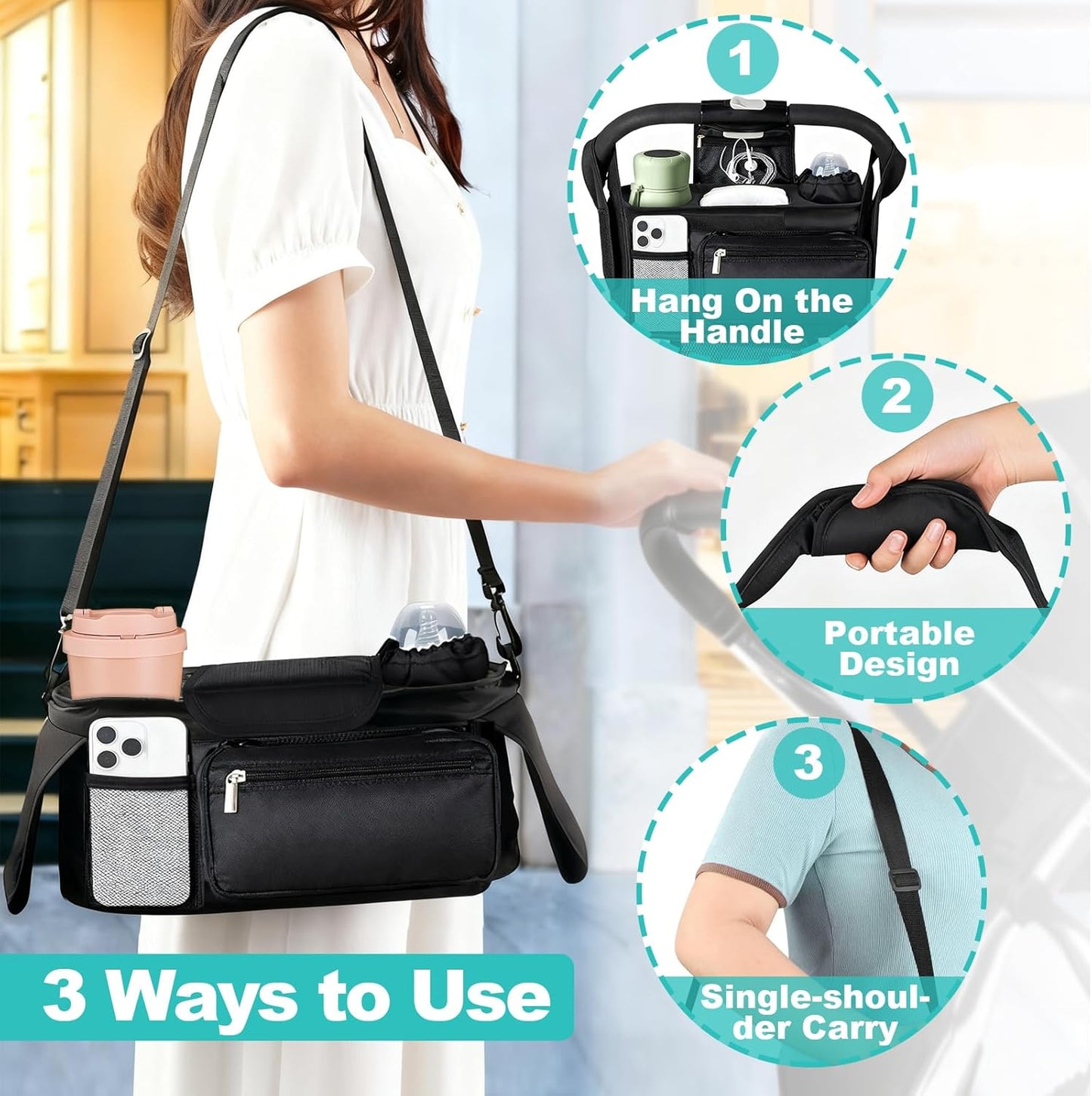 Universal Stroller Organizer with Insulated Cup Holder Detachable Phone Bag & Shoulder Strap, Bag Caddy Fits for Stroller like Uppababy, Baby Jogger, Britax, BOB, Umbrella & Pet Stroller