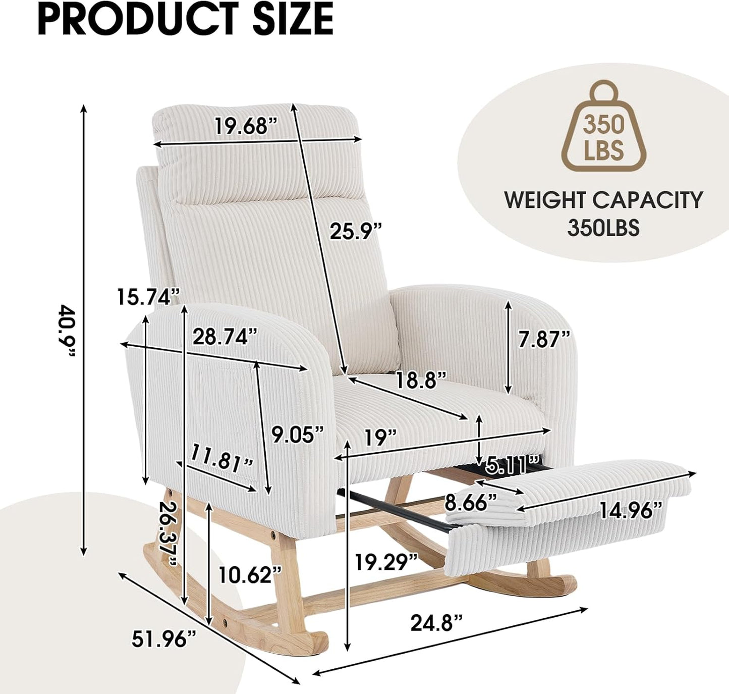 NIOIIKIT Nursery Rocking Chair, Corduroy Upholstered Rocking Chair with Adjustable Footrest, Tufted Rocker Chair with Side Pocket, Glider Rocker for Living Room, Bedroom (Cream Retro)