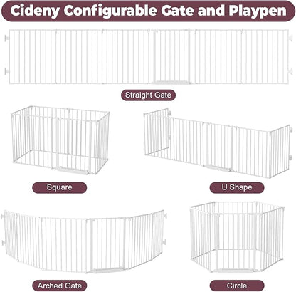 144" Extra Wide Baby Gate with Door, Configurable 6 Panels Baby Fence, Fireplace Gate with Anti-Trip Pedal, Family Essentials Safety Gate for Child Dogs Pets, 28'' Tall White