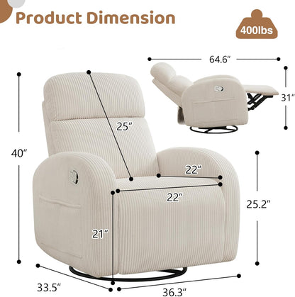 Swivel Rocker Recliner Chair, Rocking Recliner for Nursery with Side Pockets, Manual Swivel Reclining Nursery Glider Chair for Breastfeeding Living Room, Camel Chenille