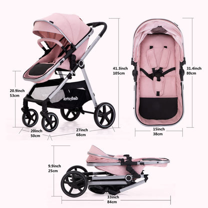 Lortsybab 2-in-1 Baby Stroller - Folding Infant Newborn Pram Stroller with Reversible Seat - Toddler Strollers for 0-36 Months Old Babies (Pink)