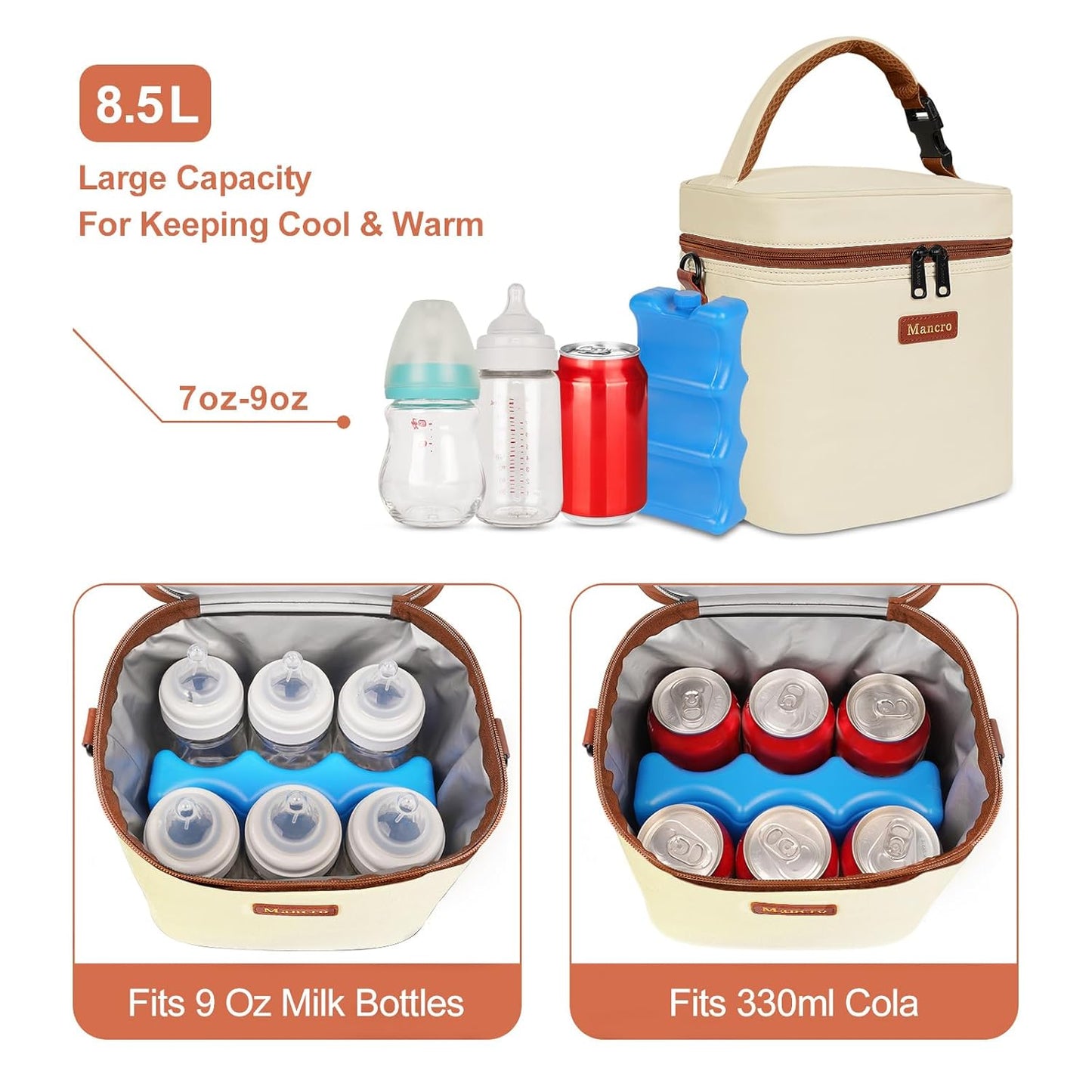 Mancro Breastmilk Cooler Bag with Ice Pack, Fits 6 Baby Bottles Up to 9 Ounce Insulated Baby Bottle Bag, Breast Milk Cooler on The go with Strap, Bottle Storage Bag for Nursing Mom Daycare, Black