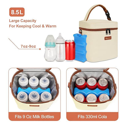 Mancro Breast Milk Cooler Travel Bag with Ice Pack, Insulated Baby Bottle Bag Fits for 6 Baby Bottles Up to 9 Ounce with Detachable Shoulder Strap, Breastmilk Cooler for Working Mom or Daycare, Beige