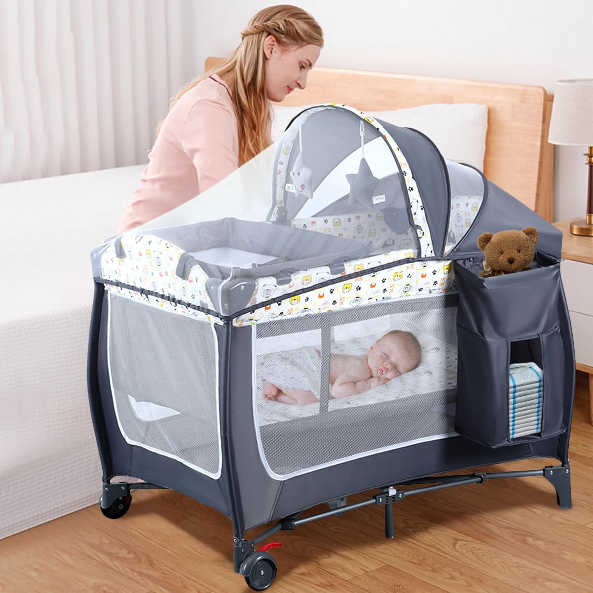 4 in 1 Pack and Play,Foldable Baby Playard with Changing Table,Travel Crib for Infants & Toddlers,Portable Playpen with Breathable Mesh,Wheels & Storage Bag,Grey
