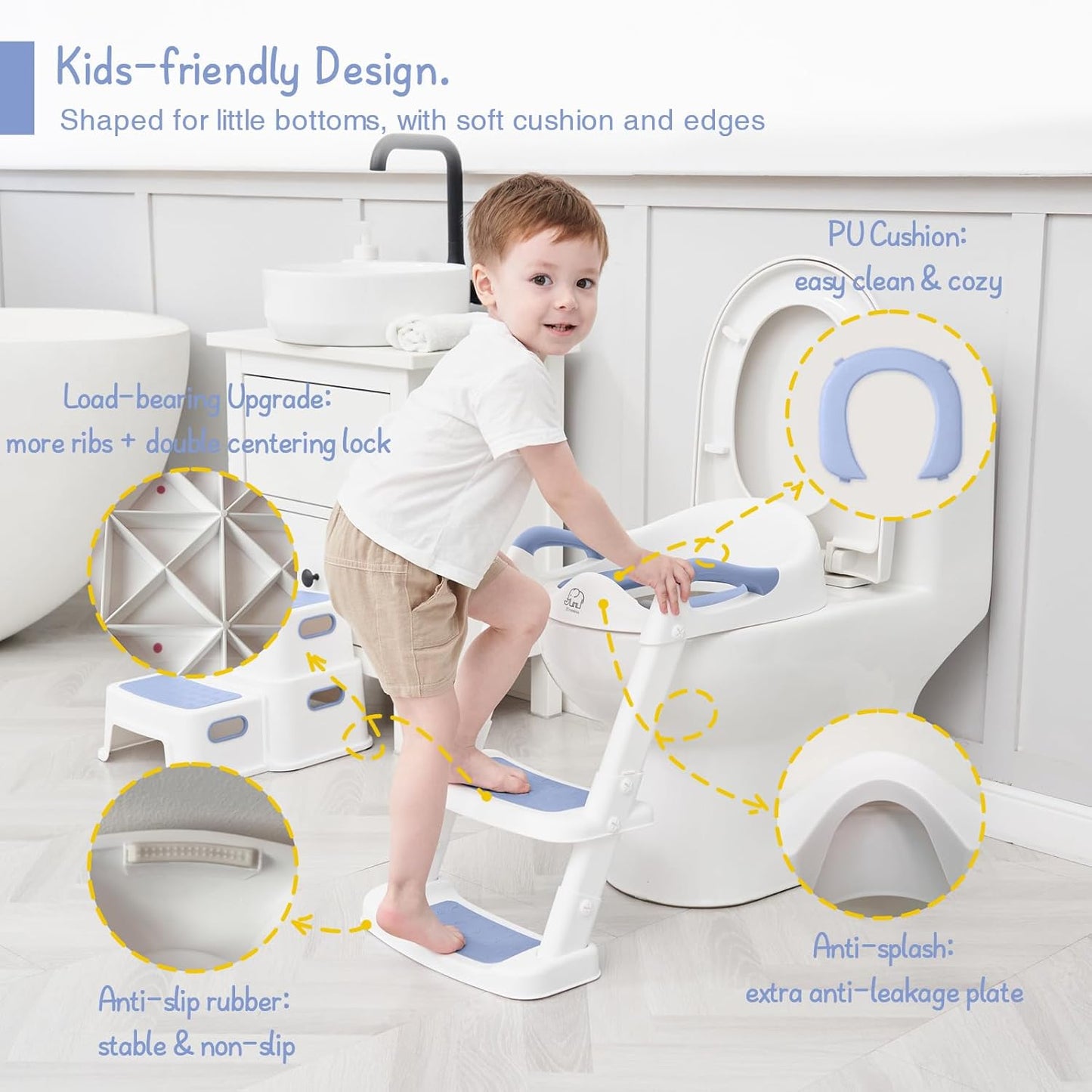 Forbena Potty Training Toilet Seat with Step Stool Ladder, Toddler Kids Potty Seat for Boys Girls, Non Slip Foldable Toilet Training Seat with Soft Cushion, Comfortable Handles (White-Grey)
