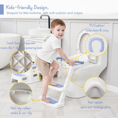 Forbena Potty Training Toilet Seat with Step Stool Ladder, Toddler Kids Potty Seat for Boys Girls, Non Slip Foldable Toilet Training Seat with Soft Cushion, Comfortable Handles (White-Grey)