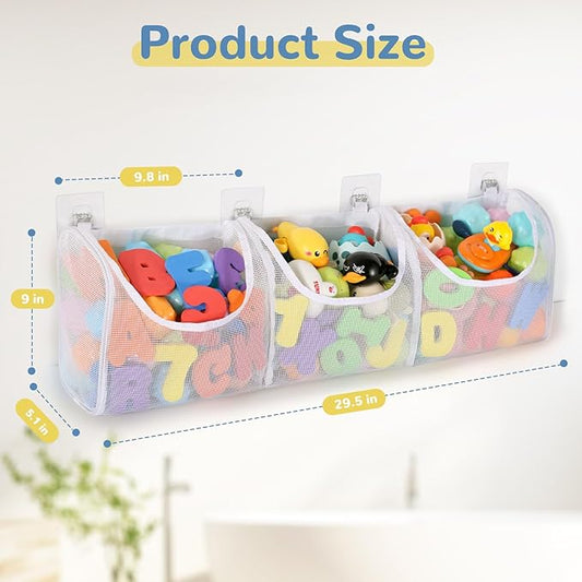 Bath Toy Storage, Large Capacity 3 Compartments Bathtub Toy Storage, Opening Bath Tub Toy Holder Organizer, Mesh Shower Caddy for Kids Baby Bathroom Toy