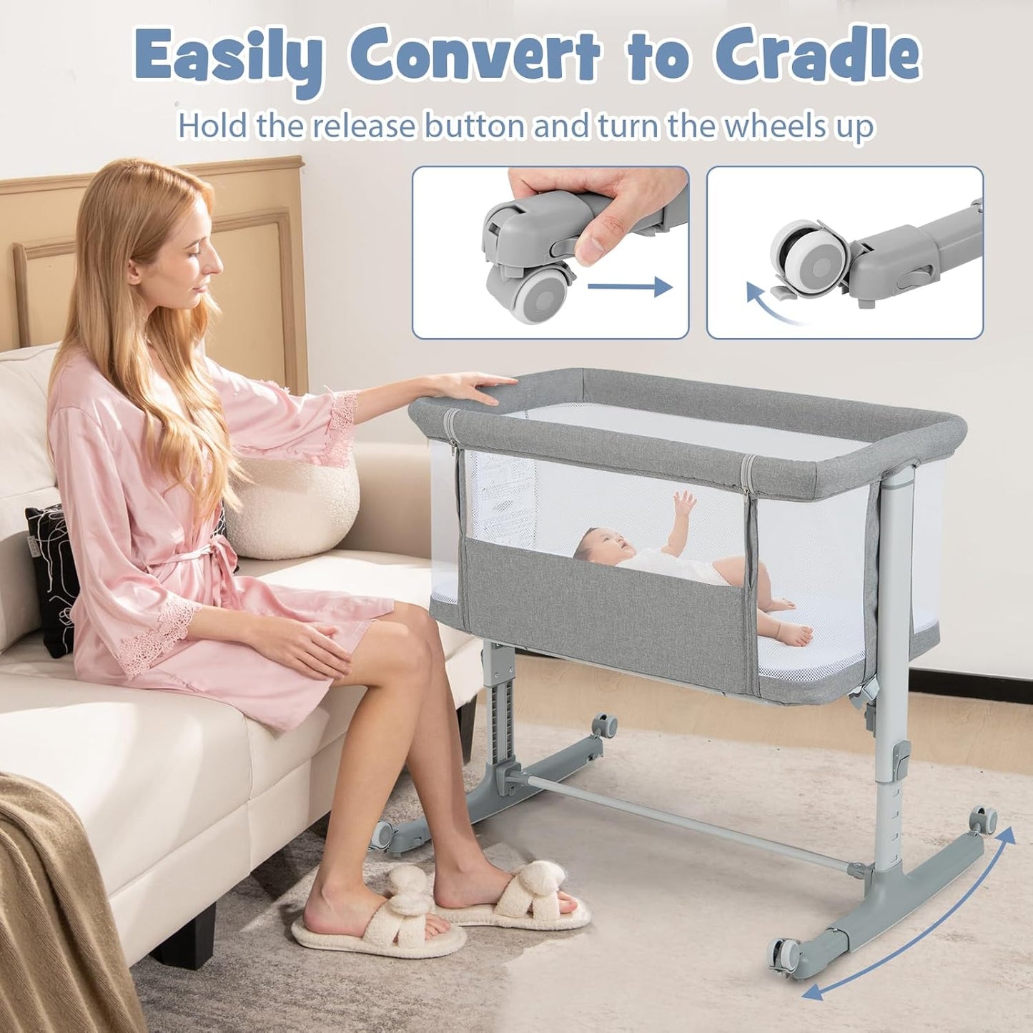 INFANS 3 in 1 Baby Bassinet, Bedside Sleeper for Newborn, Folding Crib with Mattress, Travel Bag, Wheels, 4-Sided Mesh, Easy to Assemble Cradle Co Sleeper Stationary, Rock (Dark Grey)