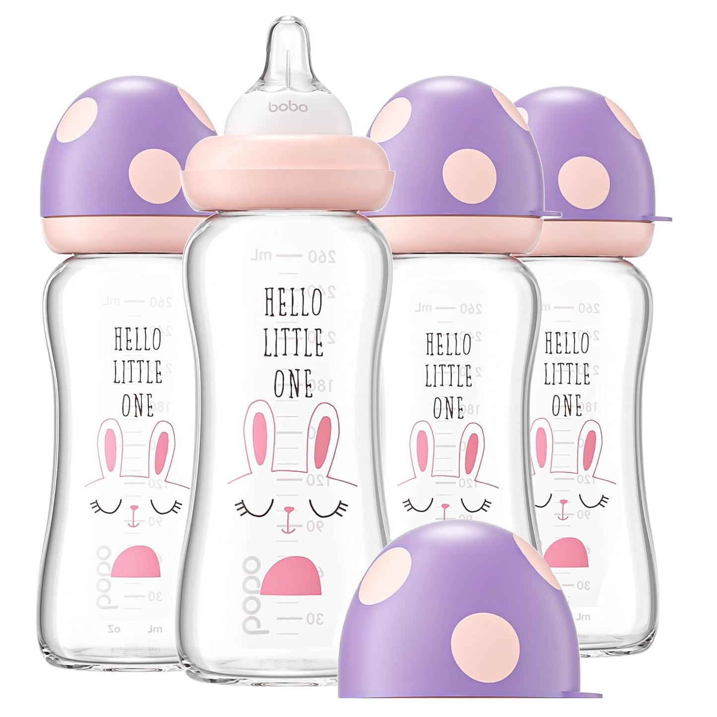 YOHKOH Natural Glass Baby Bottle with Level 1 Slow Flow Nipple, Newborn Anti-Colic Baby Bottles, Wide Neck Mushroom Baby Glass Bottle (Multicolour-A, 3.4oz (Pack of 4))
