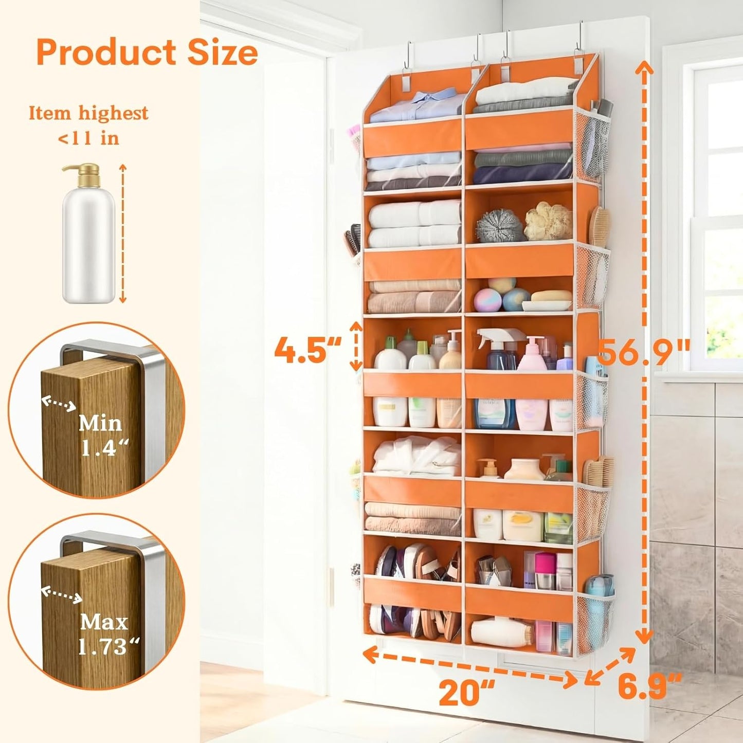 Over The Door Organizer, 5-Tier Extra Large Behind Door Storage with 10 Big Front & 10 Mesh Pockets, 80lb Capacity, Hanging Storage Organizer with Clear Window Kids Toys, Shoes, Diapers, Light Grey