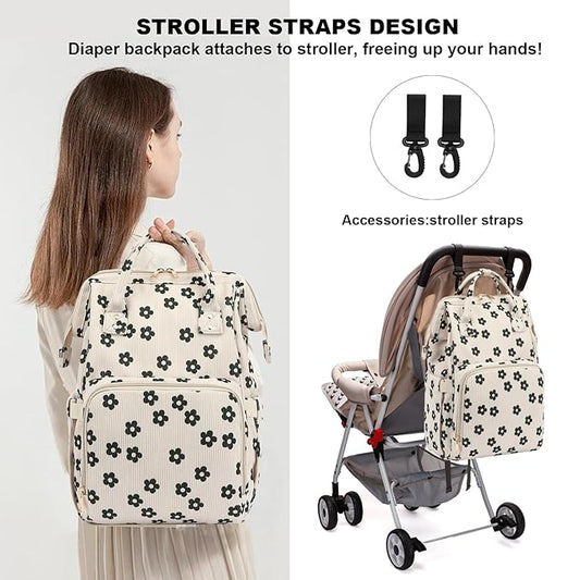 Baby Diaper Bag Backpack for Mom, Large Capacity Travel Nappy Bag for Boys & Girls with Stroller Straps (Corduroy Flowers)