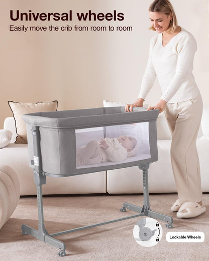 Larex Baby Bassinet, 3 in 1 Bassinets Bedside Sleeper Crib Sleeper for Newborn, Portable Crib Adjustable 7 Height Bedside Bassinet with Mattress and Movable Wheels，Breathable Mattress&Mesh(Dark Grey)