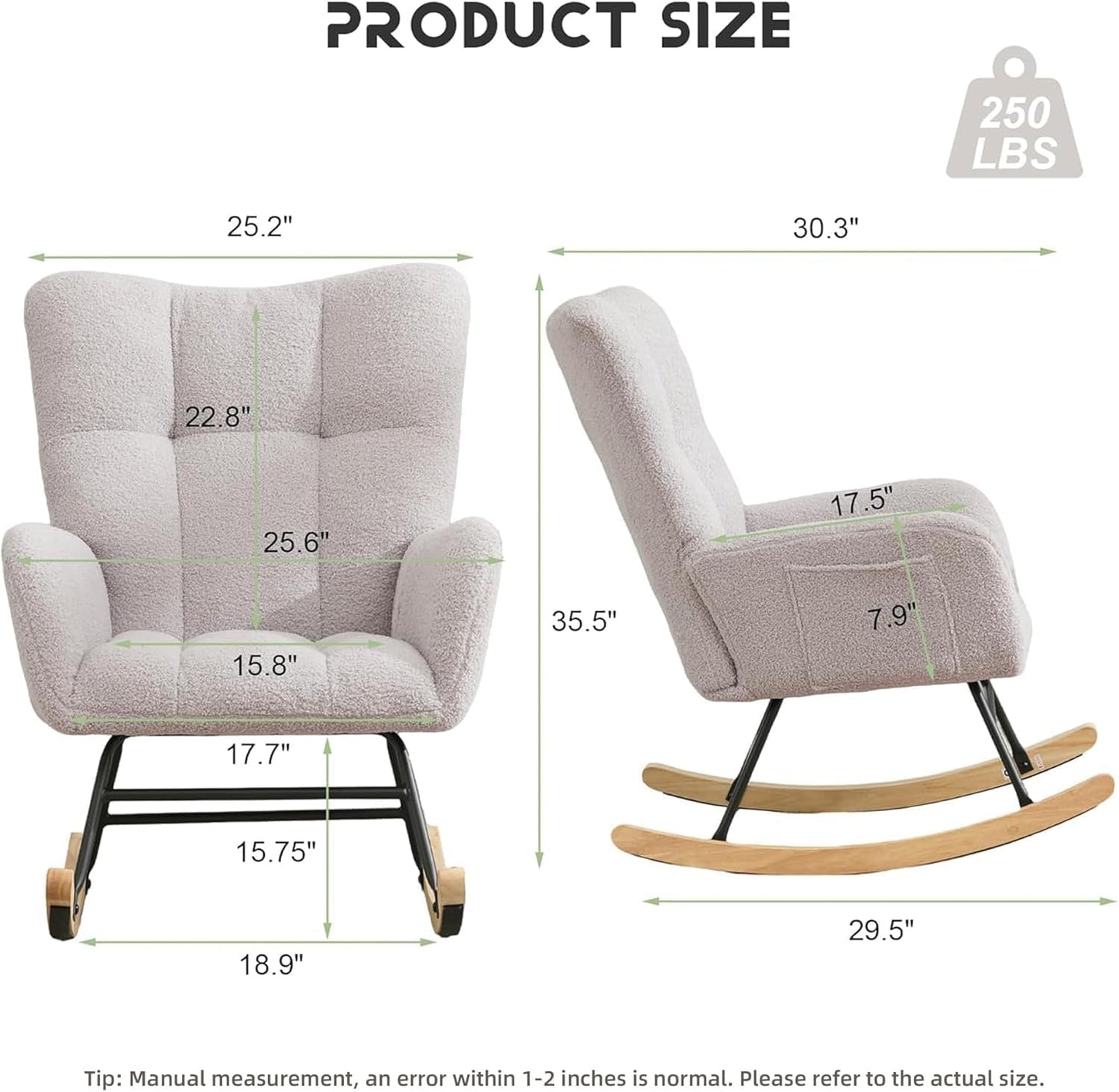 Nursery Rocking Chair Teddy Upholstered Glider Rocker Rocker Accent Chair with High Backrest Armchair Comfy Side Pocket Modern Rocking Accent Chairs for Living Room, Nursery, Office-Green