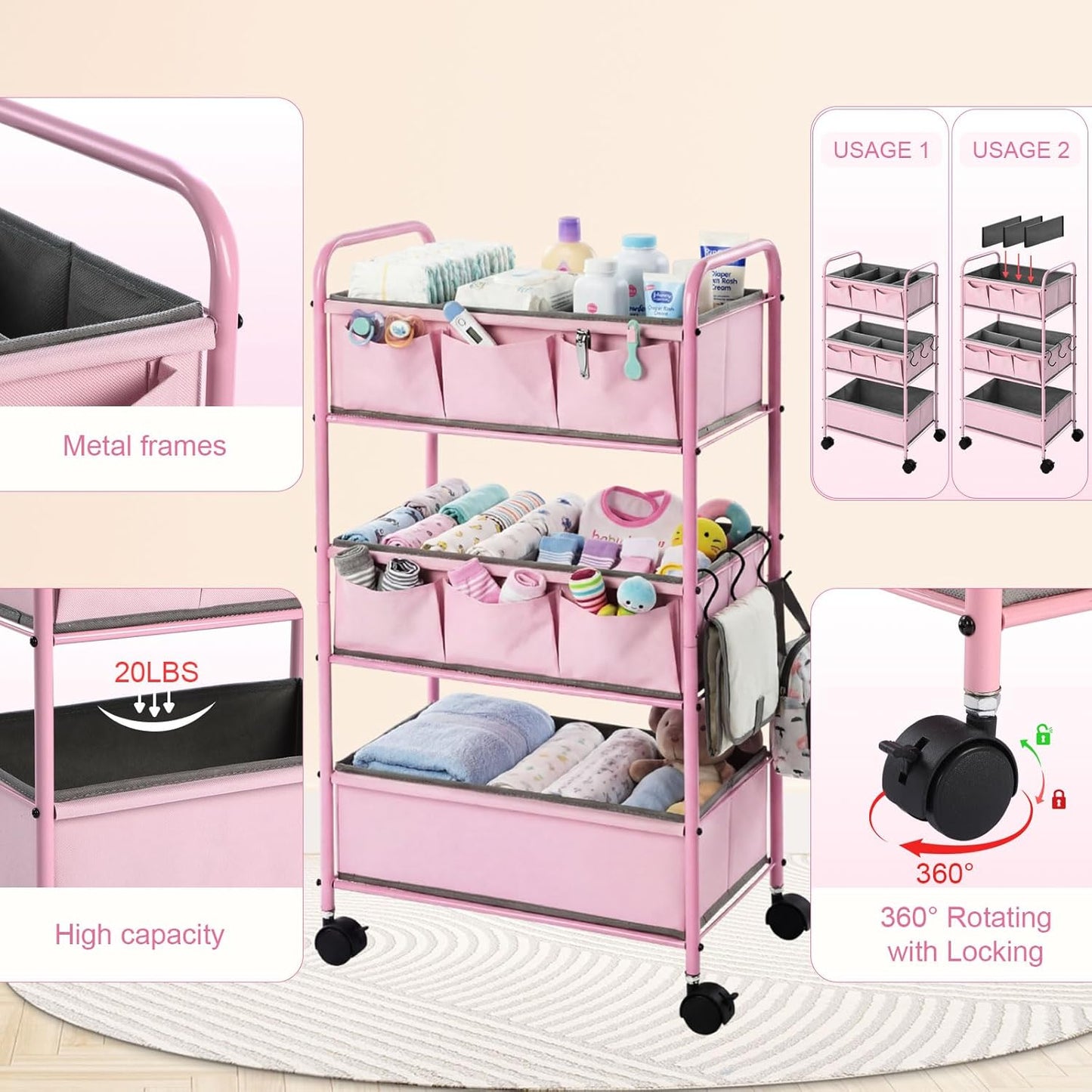 WILLBOND 3 Tier Pink Baby Diaper Caddy Organizer Cart with 4+3 Dividers Large Capacity Metal Utility Bedside Rolling Cart Newborn Registry Nursery Essential Must Have Crib Bedroom Baby Shower