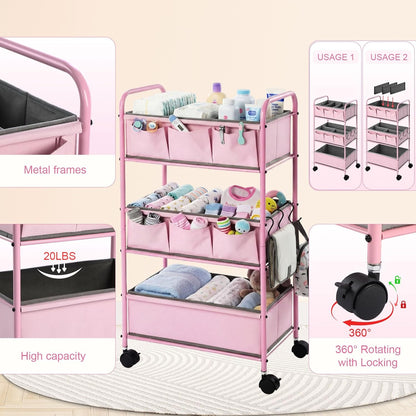 WILLBOND 3 Tier Pink Baby Diaper Caddy Organizer Cart with 4+3 Dividers Large Capacity Metal Utility Bedside Rolling Cart Newborn Registry Nursery Essential Must Have Crib Bedroom Baby Shower