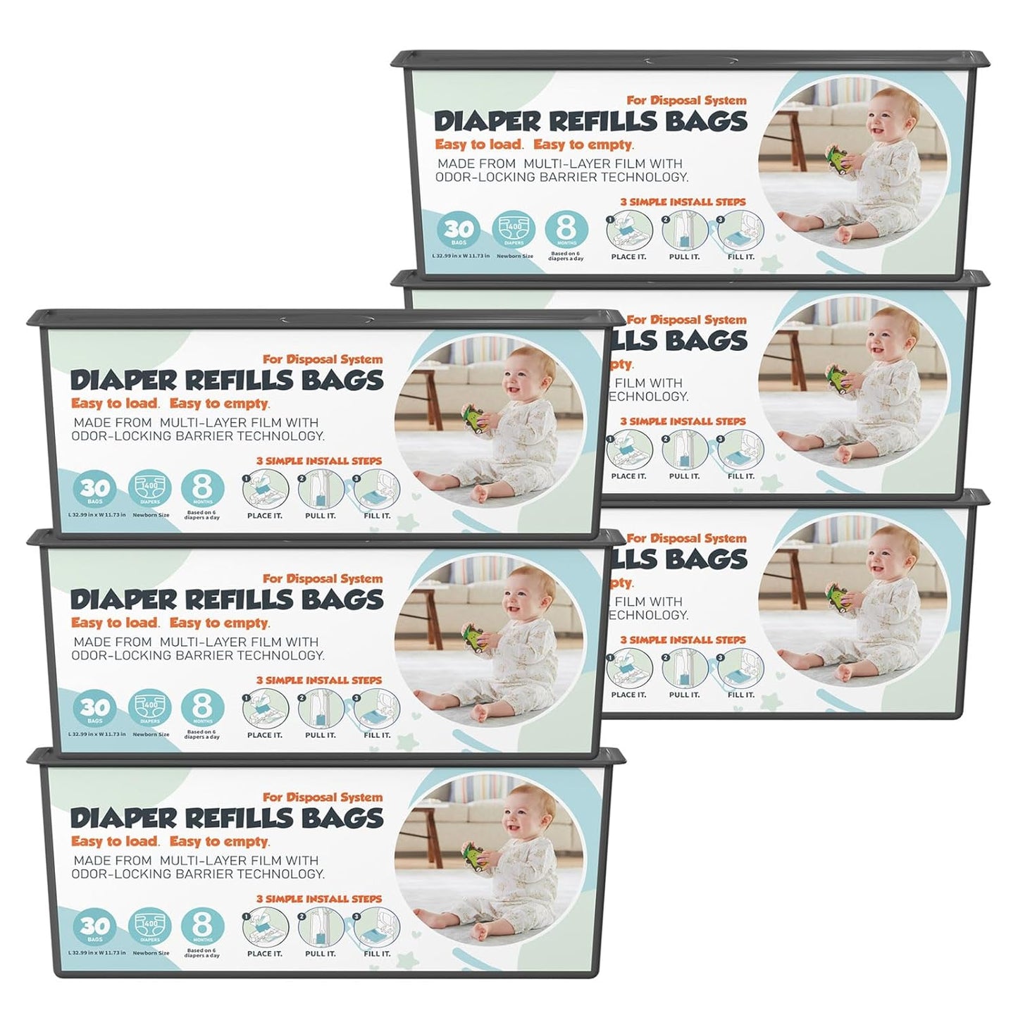 Diaper Pail Refills Bags with 30 Bags (Baby Powder Scent) Compatible with Genie Easy Roll Signature and Platinum Diaper Pails, 7-Layer Odor-Barrier Technology 3 Pack (90 Bag)
