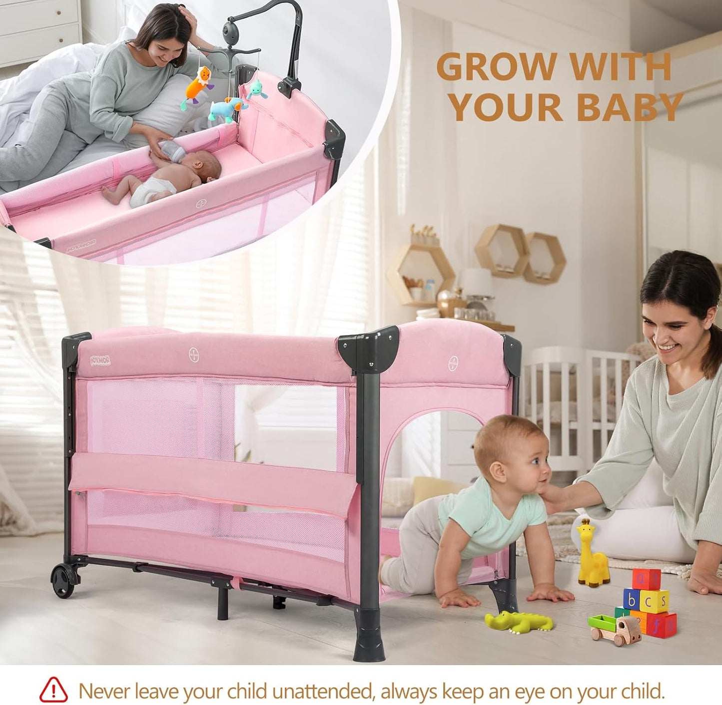 JOYMOR Baby Bedside Bassinet, Baby Bassinet, Pack n Play Convert Playpen, Quick Foldable Travel Bed with Wheels & Brake, Carry Bag for Boys Girls (Gray)
