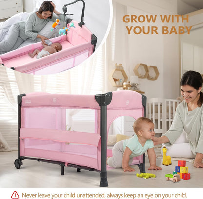 JOYMOR Baby Bedside Bassinet, Baby Bassinet, Pack n Play Convert Playpen, Quick Foldable Travel Bed with Wheels & Brake, Carry Bag for Boys Girls (Gray)