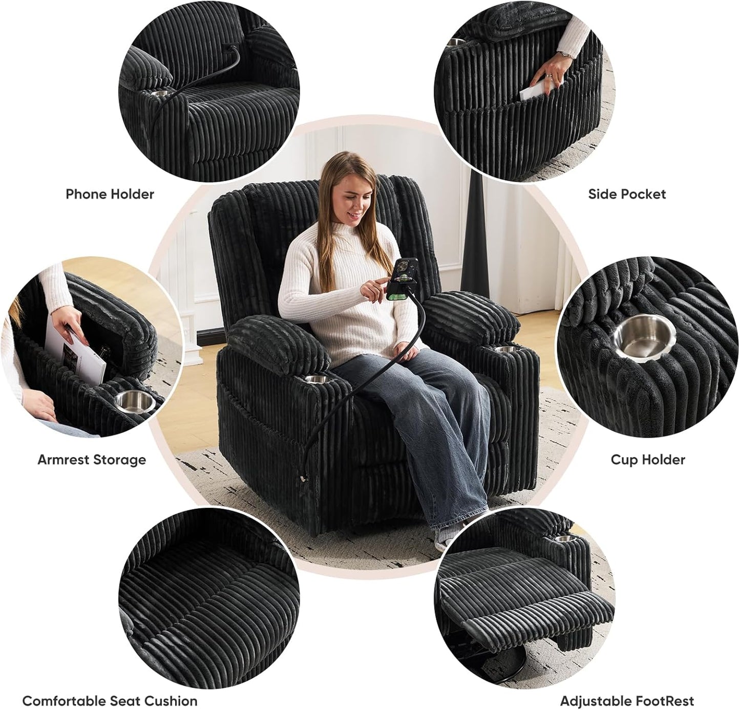 Oversized Power Recliner Chair with Massage and Heat, Swivel Rocker Recliner Chair for Adults with Arm Storage, Nursery Glider Recliner with Adjustable Headrest and Phone Stand, Side Pockets, Beige