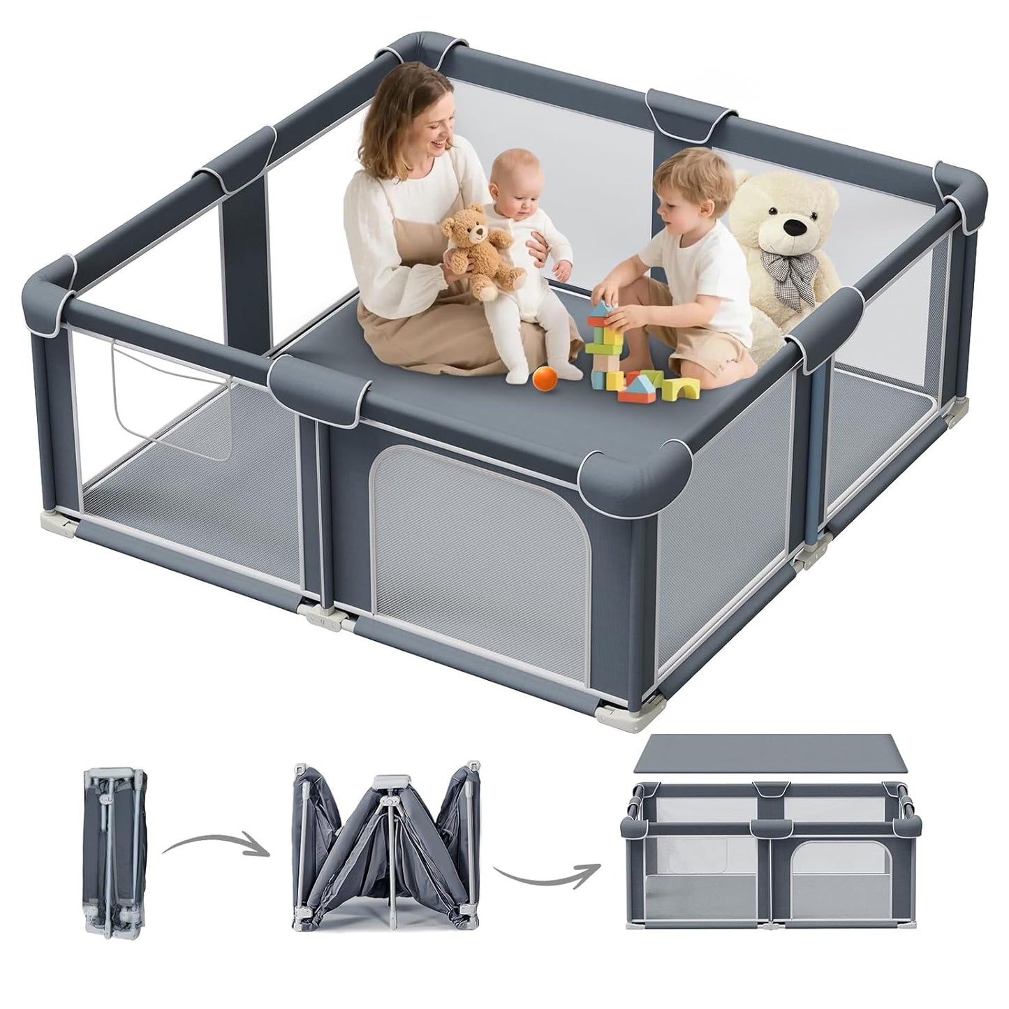 G TALECO GEAR Foldable Playpen for Babies and Toddlers, 71"x79" Portable Play Yard with Mat, Kids Collapsible Play Pen with Sturdy Metal Frame & Mesh Walls, Indoor & Outdoor Baby Fence Play Area
