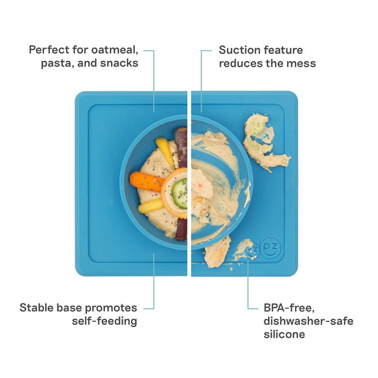 ezpz Mini Bowl (Pewter) - 12 Months+ - 100% Silicone Suction Placemat + Bowl for Toddlers - Comes with a Reusable Travel Bag