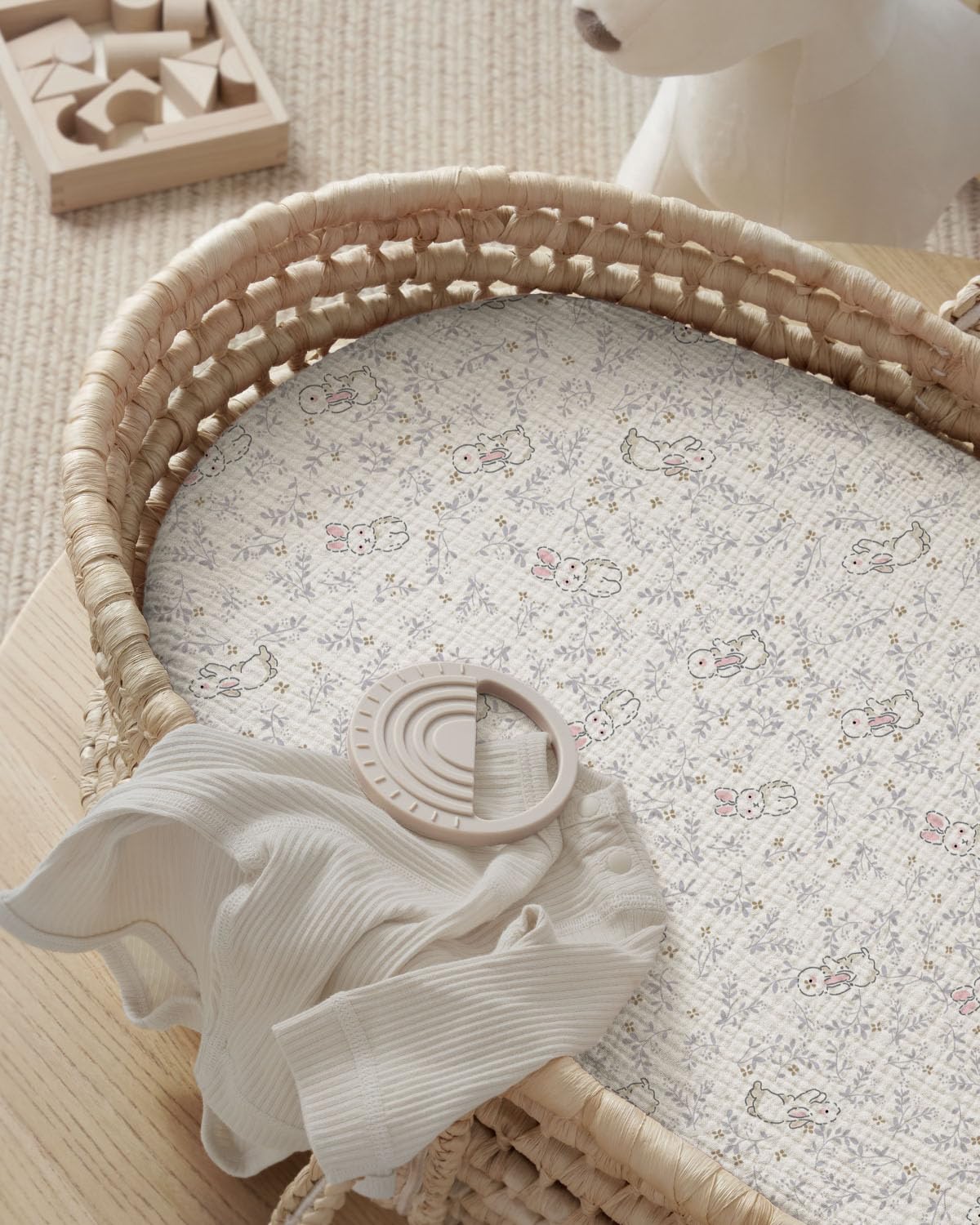 Blissful Diary Muslin Bassinet Sheets for Baby Girls Boys, Boho Soft Cotton Fitted for Oval Hourglass Rectangle Mattress, 2 Pack(Sunshine&Brown)