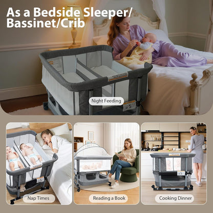 Twin Bassinet for 2 Babies, Double Bassinet for Twins, Baby Bassinet with Wheels, Full-Mesh Sides, 5-Height Adjustable, Portable and Stable Baby Crib for Newborns (Basic Grey)