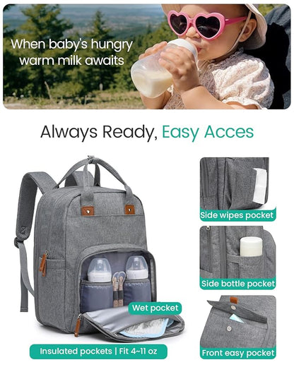 Qualyphant Extra Large Diaper Bag Backpack for Two Kids Twins - Expandable Baby Bag (26-36L), Dual Big Compartments - Includes Changing Pad & Stroller Straps, Unisex Grey