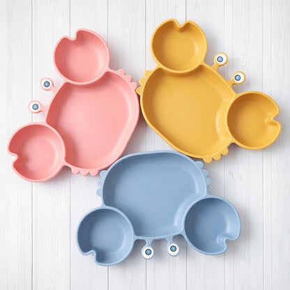 ROCCED Suction Plates for Baby, Silicone Plates with Suction Divided, Baby Spoon Fork Set for Toddler Baby Dishes Kids Utensils-Crab Dusty Blue