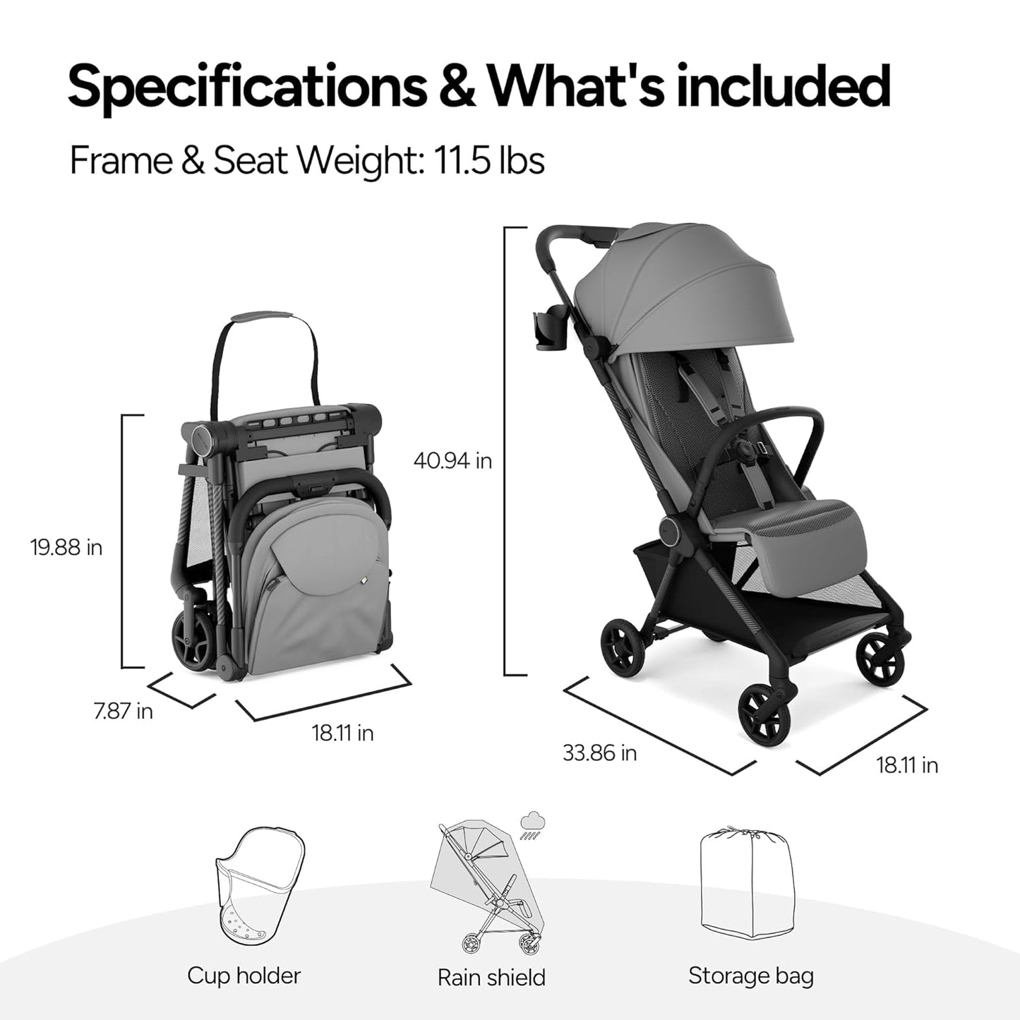 Mompush Nexis Carbon Travel Stroller, Ultra-Lightweight 11.5 lbs, Compact & Airplane Carry-On Approved, One-Second Auto-Fold, One-Hand Full Recline, from Birth to 50 lbs, JPMA Certified, Black