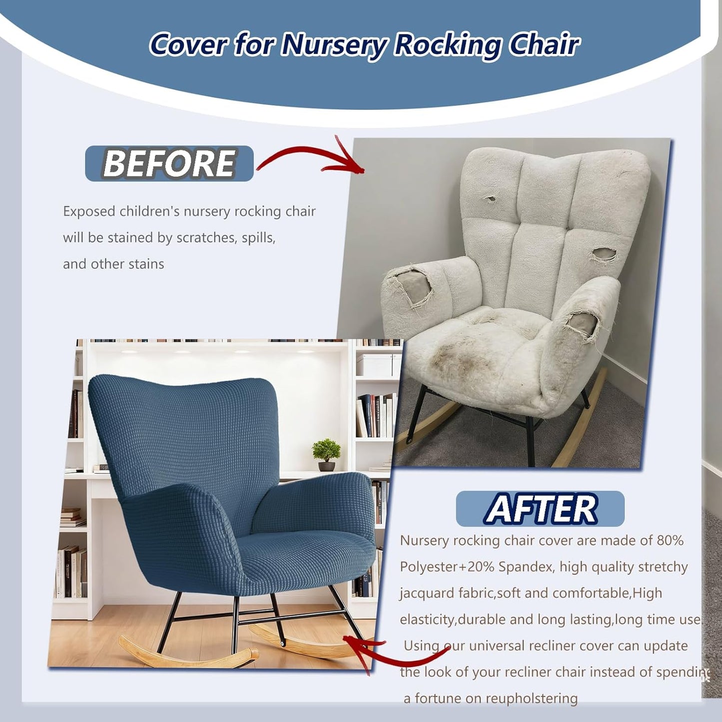Nursery Rocking Chair Cover,1 Piece Glider Chairs Cover Slipcovers,Soft with Elastic Bottom Spandex Jacquard Small Checks,Furniture Protector Washable