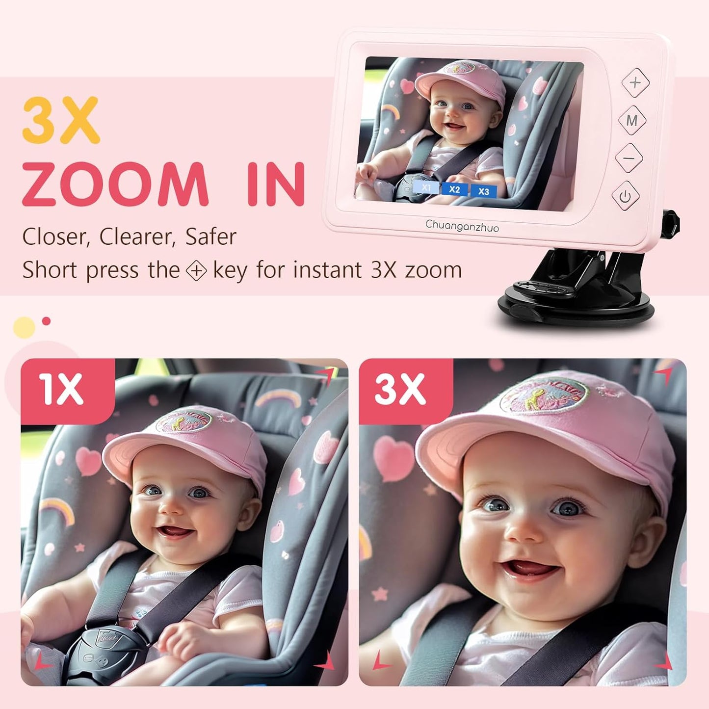 Baby Car Camera USB with No.1 Clarity, 5'' HD 1080P IPS Baby Car Monitor with 3X Zoom, Backseat/Carseat/Rear Seat Camera with Ultra Night Vision, Easy No-Damage Install, S100P(5inch Black)
