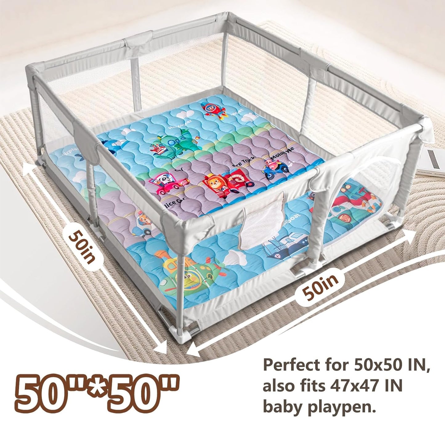 Baby Play Mat, 50x50 Playpen Mat with Super Soft Touch, Activity Mats with Upgraded Anti-Slip Bottom, Machine Washable Crawling Mats for Floor & Picnic (Animal Alphabets)