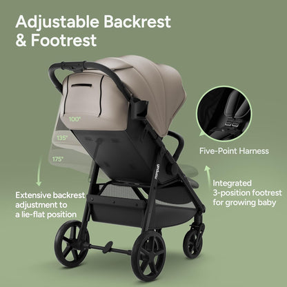 Mompush Nova Infant Baby Stroller for Newborn to Toddler, Oversized Seat up to 50 lbs, All-Terrain 10" Wheels & Suspension, One-Hand Fold; Lie-Flat Mode; UPF 50+ Canopy