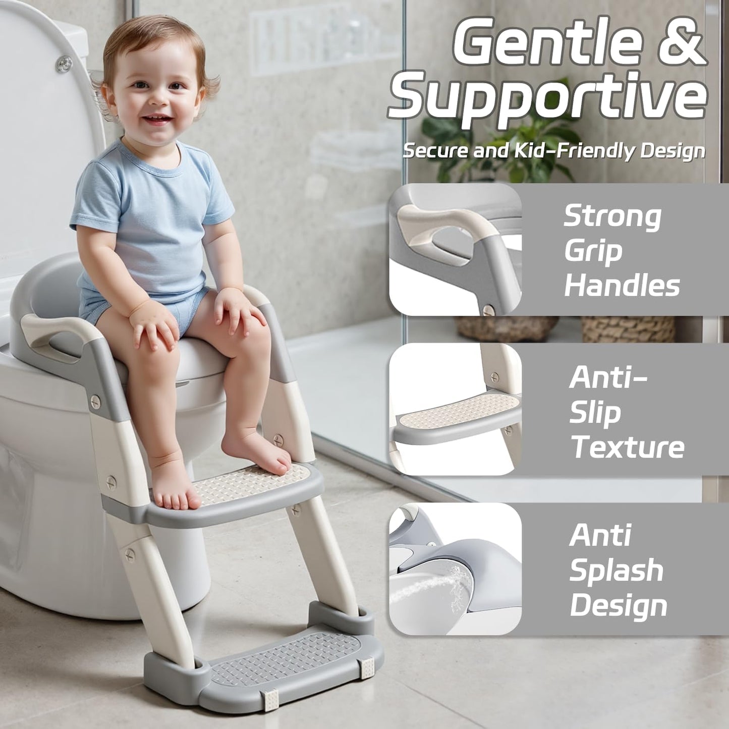 Snugzy Toddler Potty Training Seat 3-in-1 Foldable Potty Training Toilet with Step Stool Adjustable Potty Chair with Urinals (Grey)