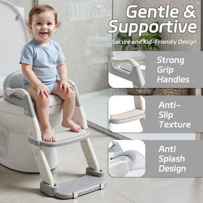 Snugzy Toddler Potty Training Seat 3-in-1 Foldable Potty Training Toilet with Step Stool Adjustable Potty Chair with Urinals (Grey)
