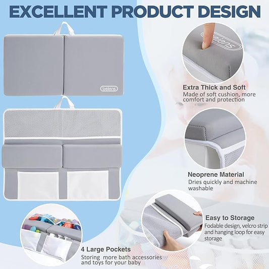 beiens Bath Kneeler and Elbow Rest Pad Set - 1.5'' Comfortable Baby Bath Kneeler Pads, Thick Quick Dry Kneeling Pad Support for Knee& Arm, Large Bathtub Mat with Toy Organizer for Happy Baby Bath Time