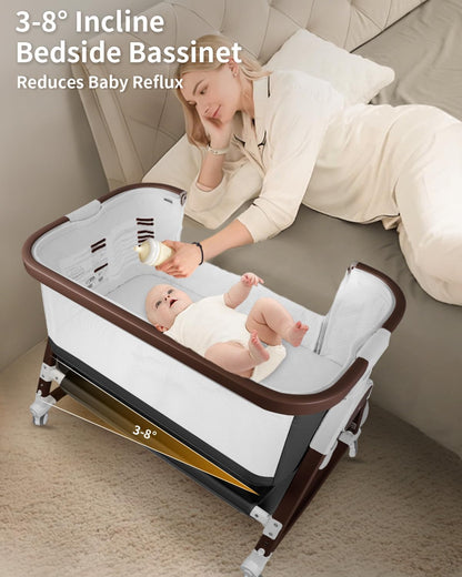suihuooo 4 in 1 Baby Bassinet, Bassinets Bedside Sleeper with Wheels and Storage Basket, Adjustable 7 Heights Bedside Sleeper with Mosquito Net, Breathable Mesh Rocking Bassinet for Baby