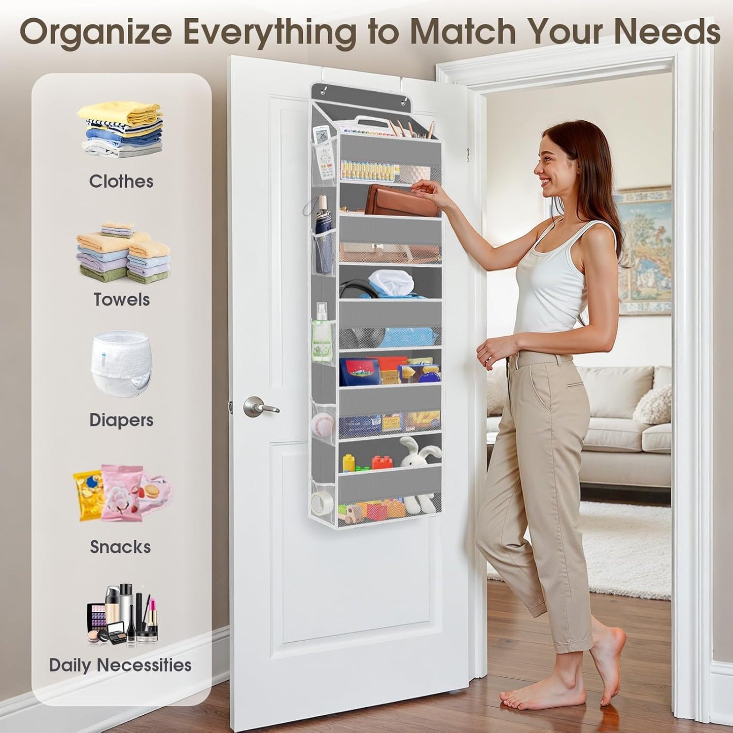 SpaceHacks 1 Pack Over The Door Organizer, Hanging Storage Organizer with Clear Window, 40lb Ultra Sturdy Large Capacity Room Organizer for Pantry Laundry Bathroom Nursery Closet Baby Essential (Grey)