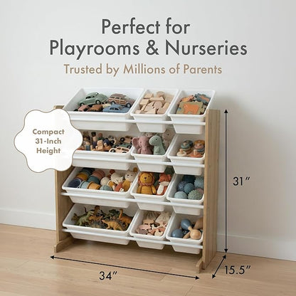 Humble Crew Kids Toy Storage Organizer with 12 Plastic Bins, Natural Wood/White – Removable Bins for Playroom, Bedroom, Toddler Furniture for Boys and Girls Ages