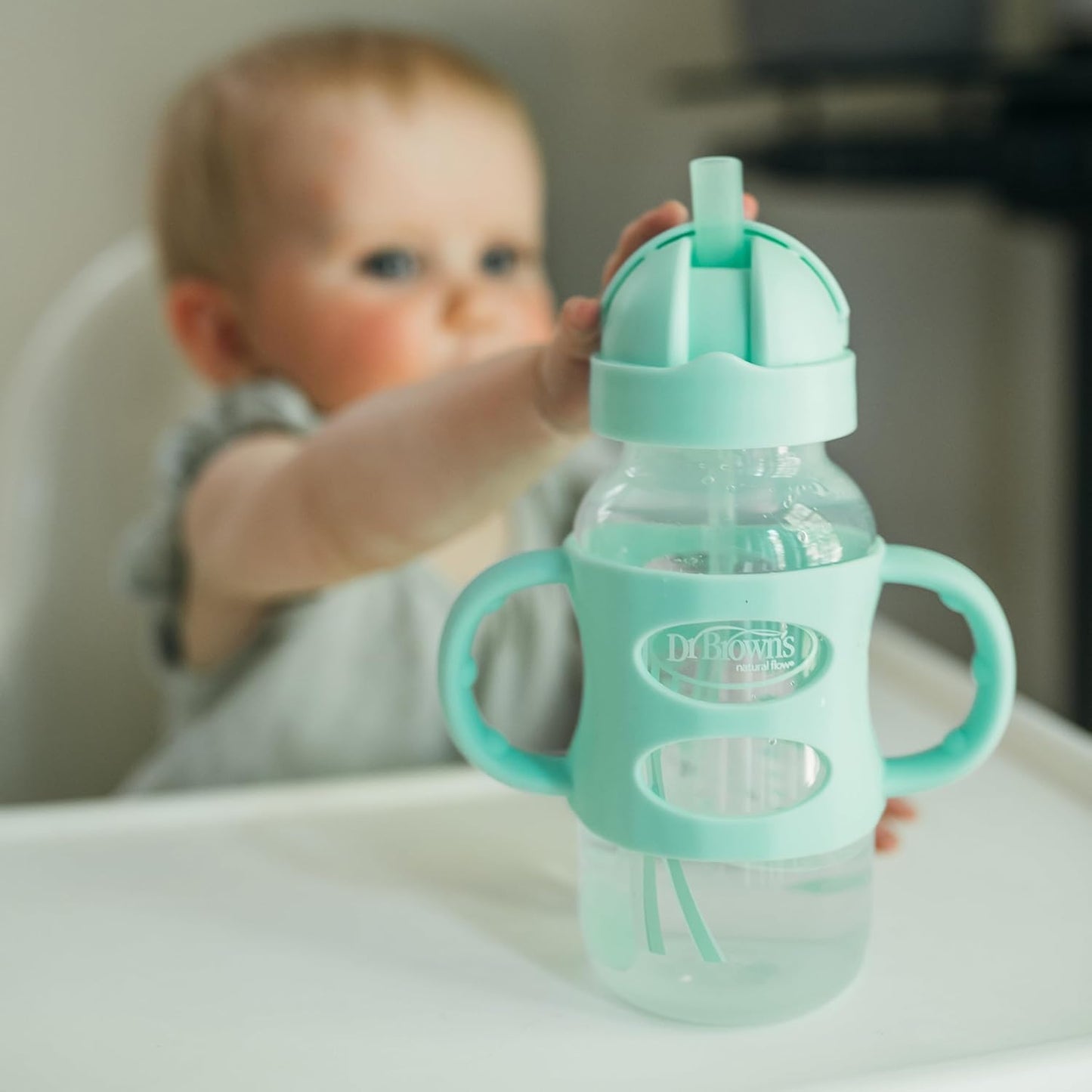 Dr. Brown's Milestones Wide-Neck Sippy Straw Bottle, Spill-Proof with 100% Silicone Handles and Weighted Straw, 9 oz/270 mL, Gray & Pink, 6m+, 2-Pack