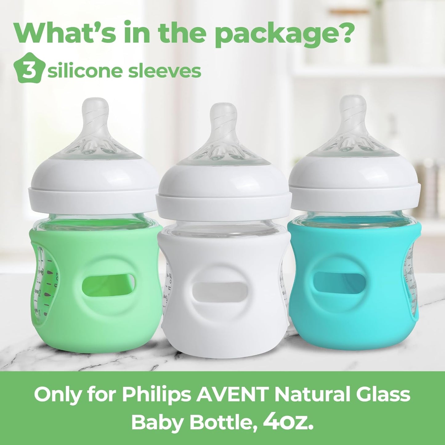 3 Pack Silicone Sleeves for Philips Avent Natural Glass Baby Bottles, Food Grade Silicone Anti Breakage Baby Bottles Holder, Compatible with Philips Avent Glass Natural Baby Bottle 8oz