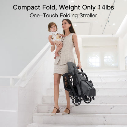 Gromast Compact Fold Baby Stroller, Lightweight Travel Toddler Stroller with One-Click Fold, Extendable UPF50+ Canopy, Cup Holder, UV Protected and Waterproof, One-Hand Folding - Blue